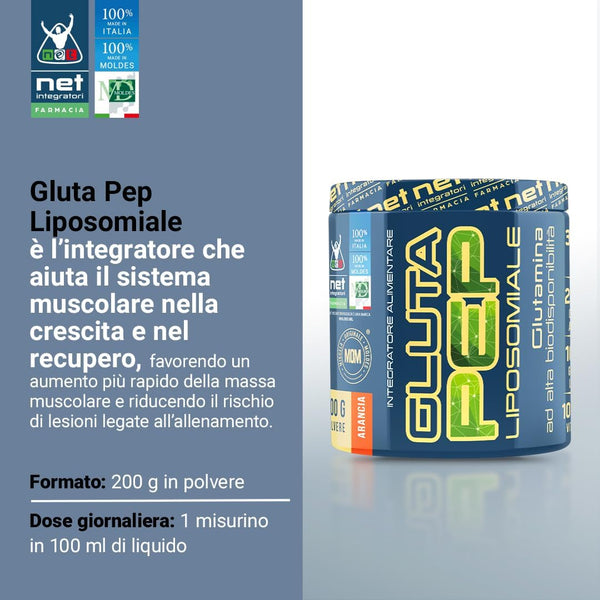 NET Integratori Farmacia GLUTA PEP Liposomiale - 200g Gusto Arancia - Integratore per Recupero Muscolare, Sistema Immunitario e Energia - Glutamina Peptidica Liposomiale ad Alta Biodisponibilità