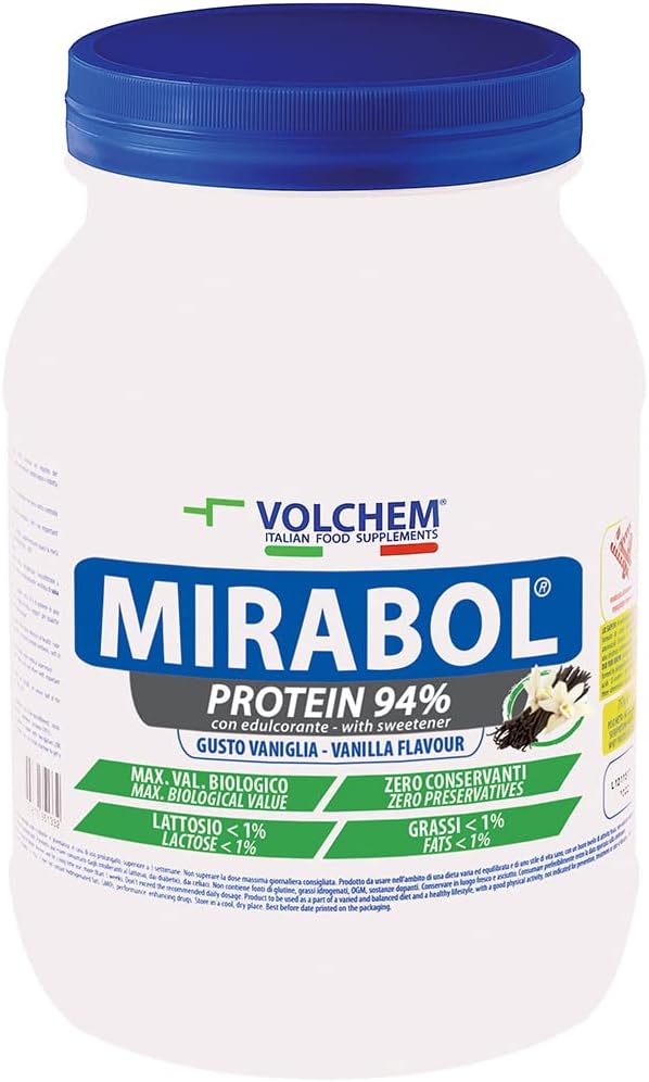 Volchem Mirabol Protein 94, Integratore Alimentare con Proteine dell'Uovo e del Latte, Senza Grassi Idrogenati e Conservanti, Barattolo con Polvere Solubile, Gusto Vaniglia, 750 g