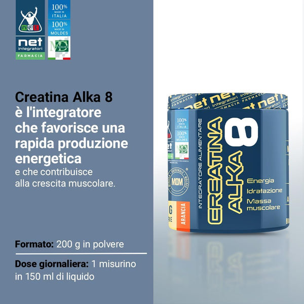 NET Integratori Farmacia CREATINA ALKA 8-200g Gusto Arancia - Creatina Monoidrata Micronizzata Clonapure - Pre-Post Workout per Rapida Produzione Energetica e Crescita Muscolare