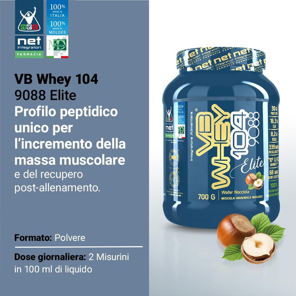 VB WHEY 104 9088 Elite® - 700g Wafer Nocciola - Sieroproteine Idrolizzate in Polvere Optipep 9088 e 90 PRO per Crescita e Recupero Muscolare - Formula ad Elevata Bioattività