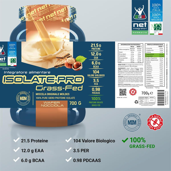 ISOLATE PRO Grass Fed - 700g Wafer Nocciola - Proteine Isolate Con EAA Aminoacidi Essenziali e BCAA - Massimizza La Sintesi Proteica e La Crescita Muscolare