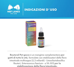 NBF Lanes | Reuteral Pet Gatto, Gocce orali, Probiotico a base di fermenti lattici vivi per la stabilizzazione della Flora intestinale nei Gatti