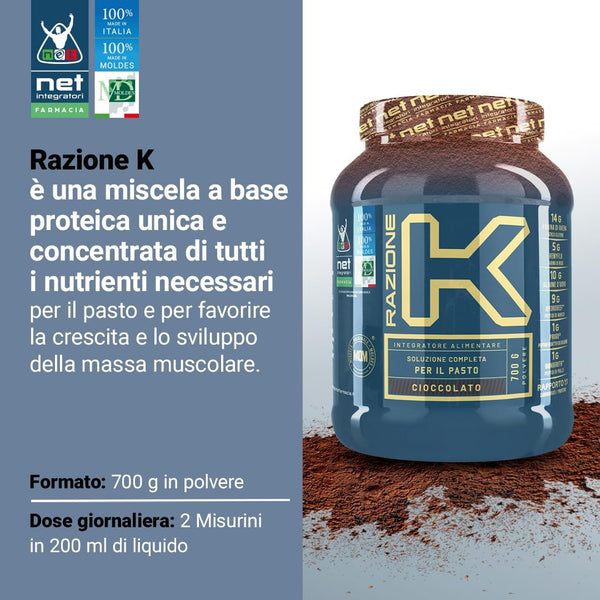 NET Integratori Farmacia RAZIONE K - 700g Cioccolato - Integratore Alimentare Di Proteine e Carboidrati, Ricco di BCAA e EAA Aminoacidi Essenziali, Promuove lo Sviluppo di Massa Muscolare Magra