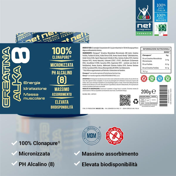 NET Integratori Farmacia CREATINA ALKA 8-200g Gusto Arancia - Creatina Monoidrata Micronizzata Clonapure - Pre-Post Workout per Rapida Produzione Energetica e Crescita Muscolare