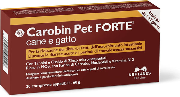 NBF Lanes | Carobin Pet Forte Cane Gatto, 30 Compresse Appetibili, Riduzione Disturbi Acuti dell’Assorbimento Intestinale, Diarree Acute, Convalescenza