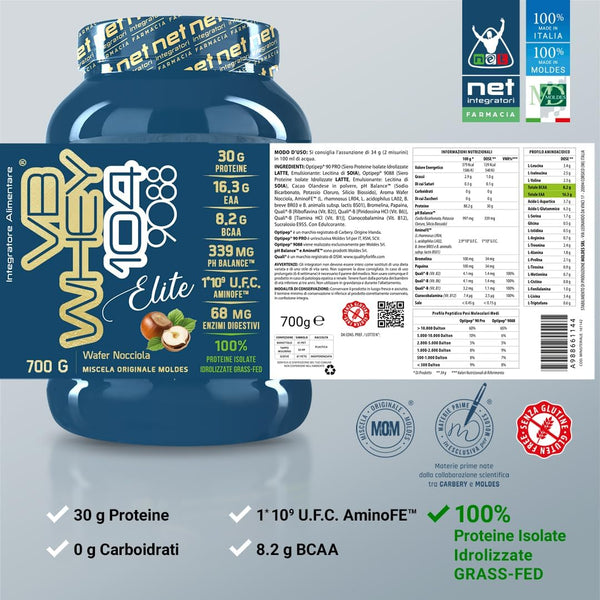 VB WHEY 104 9088 Elite® - 700g Wafer Nocciola - Sieroproteine Idrolizzate in Polvere Optipep 9088 e 90 PRO per Crescita e Recupero Muscolare - Formula ad Elevata Bioattività