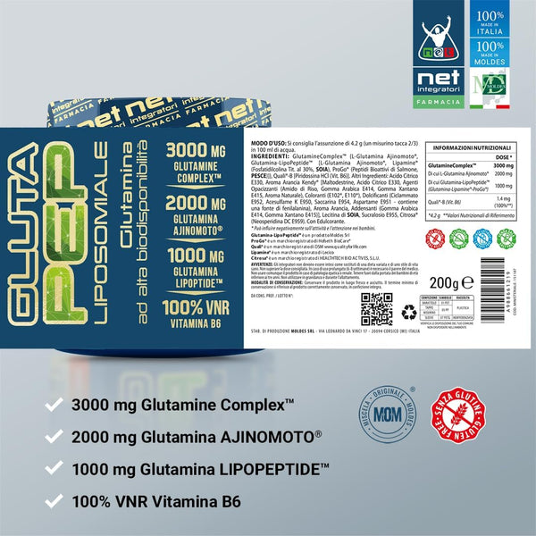 NET Integratori Farmacia GLUTA PEP Liposomiale - 200g Gusto Arancia - Integratore per Recupero Muscolare, Sistema Immunitario e Energia - Glutamina Peptidica Liposomiale ad Alta Biodisponibilità