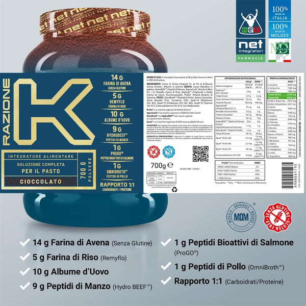 NET Integratori Farmacia RAZIONE K - 700g Cioccolato - Integratore Alimentare Di Proteine e Carboidrati, Ricco di BCAA e EAA Aminoacidi Essenziali, Promuove lo Sviluppo di Massa Muscolare Magra