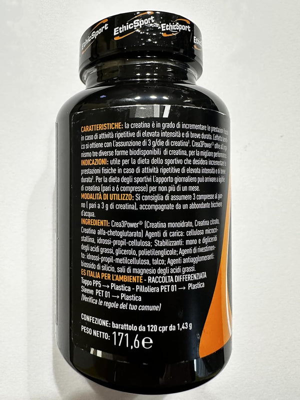 EthicSport - Creatina Tabs - Confezione da 120 x 1,43 g - Integratore alimentare di creatina, è in grado di incrementare le prestazioni fisiche in caso di attività ripetitive e di elevata intensità